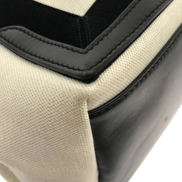 Auth BALENCIAGA Navy Cabas S 339933 Cream Black Canvas Leather Tote Bag - Picture 4 of 15